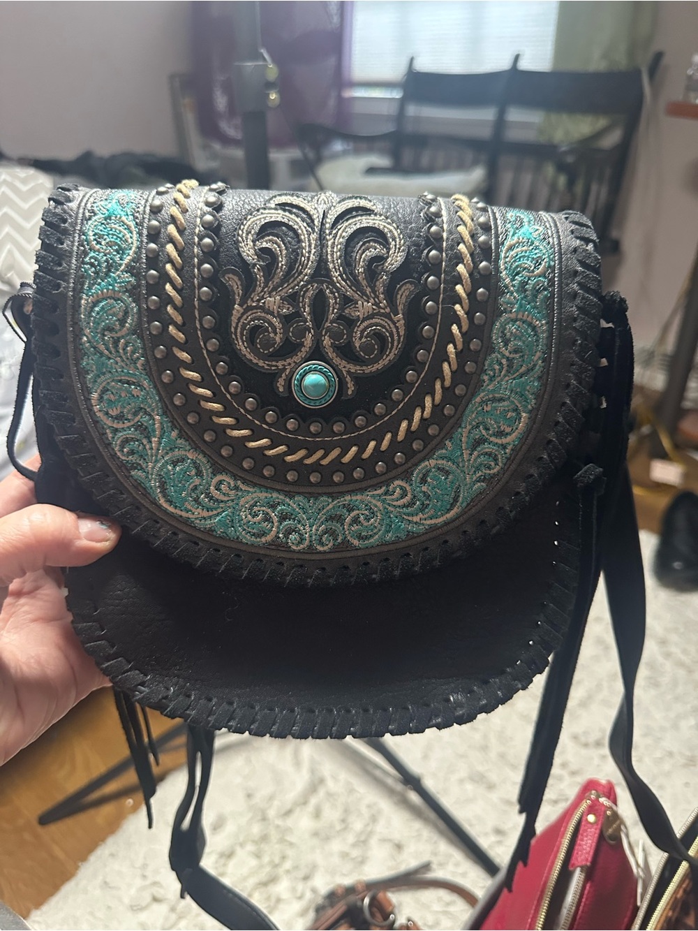 Montana West Black Crossbody Bag with Turquoise Embroidery